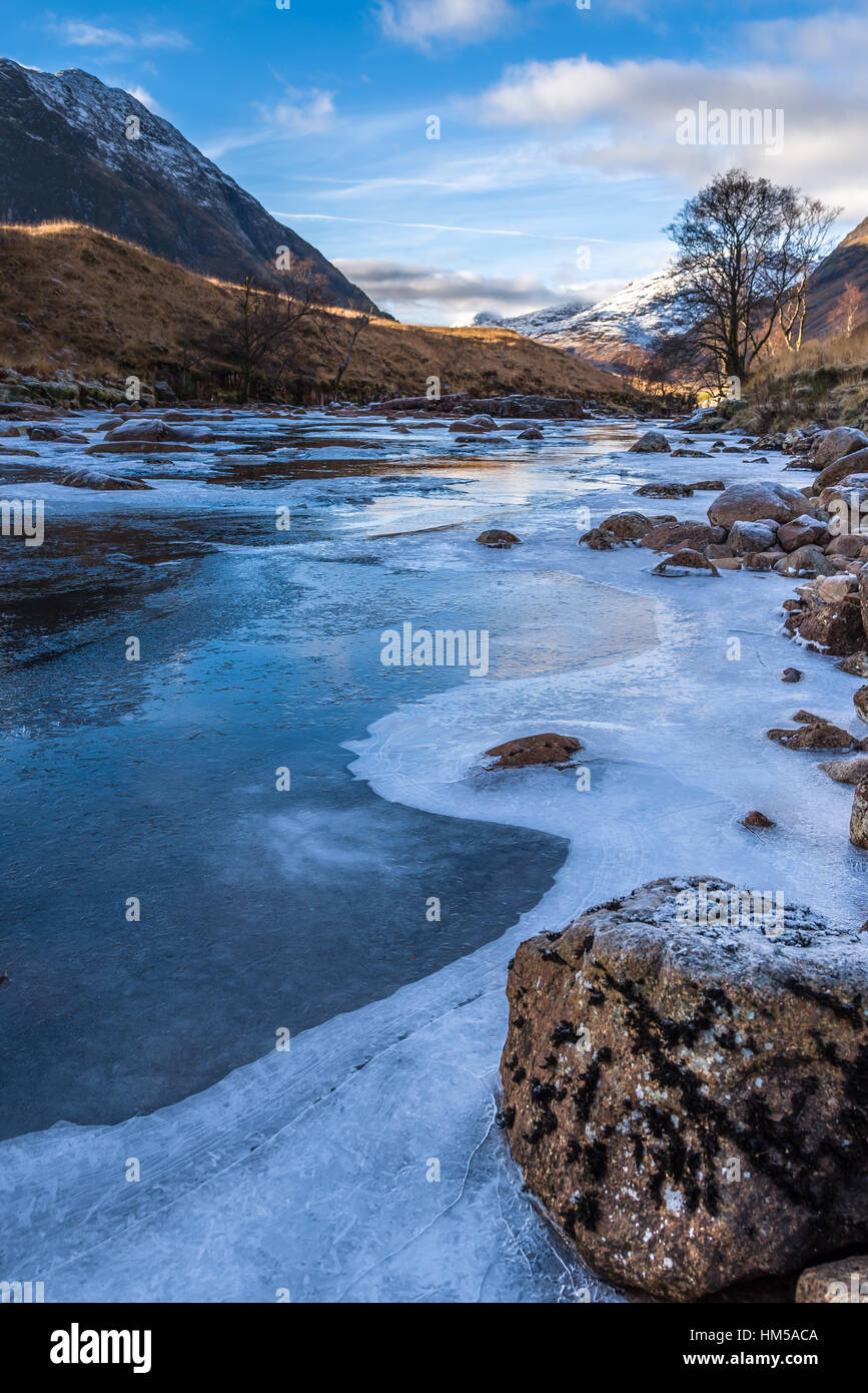 Zugefrorenen Fluss Etive, Glen Etive Stockfoto
