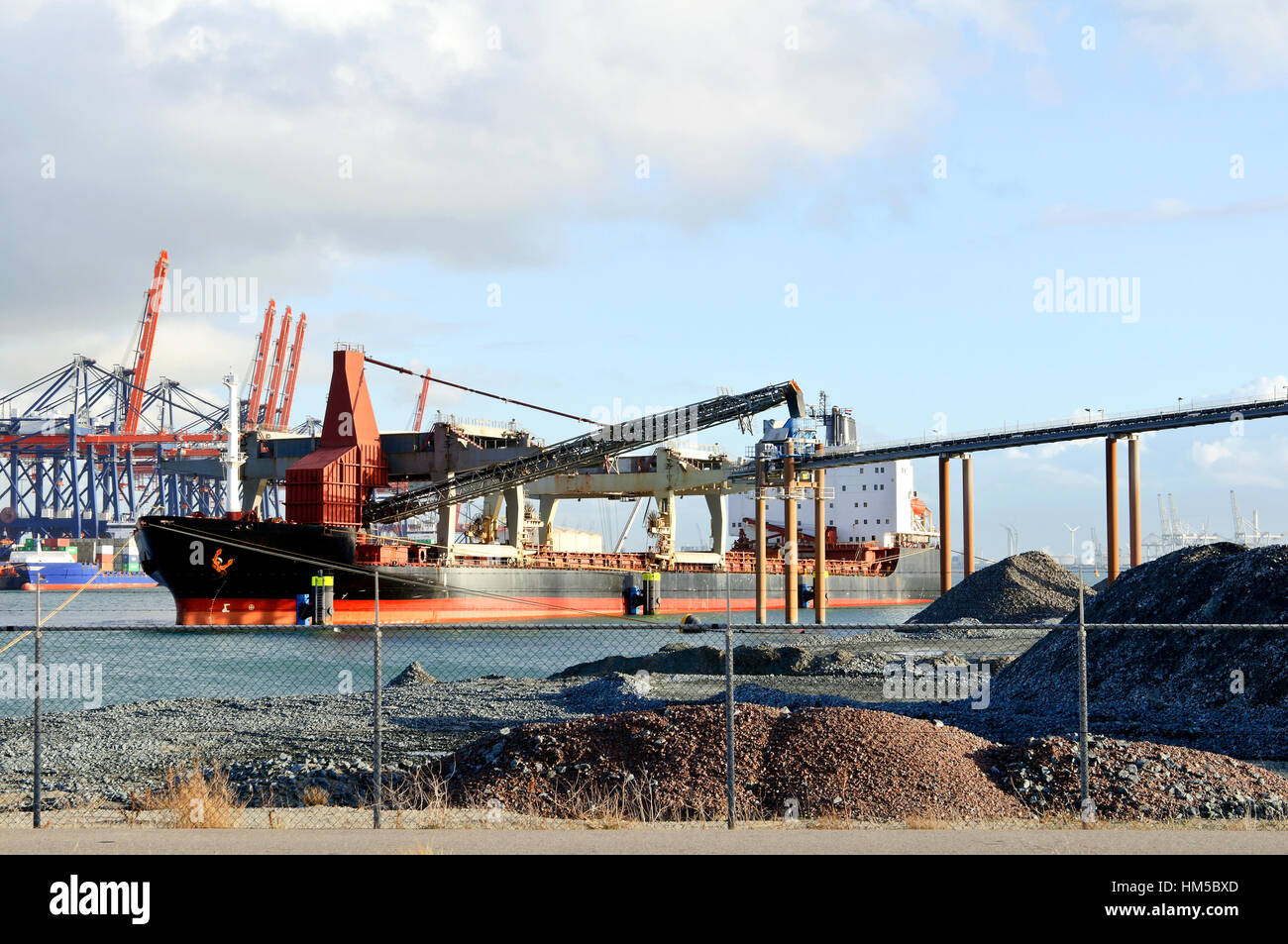 Schiff wird Kohle im Hafen von Rotterdam geladen. Stockfoto