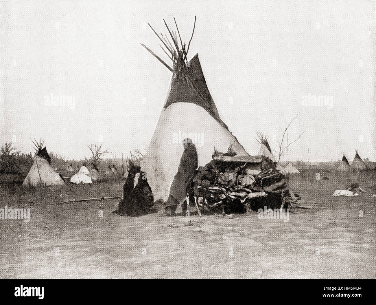 Ein indianisches Dorf im 19. Jahrhundert. Stockfoto