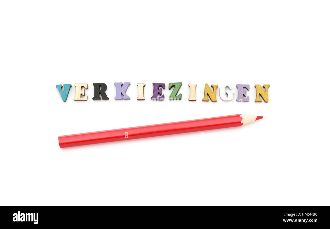 Einen roten Stift und das Wort Verkiezingen, das Wahlen in niederländischer Sprache bedeutet das am 15. März 2017 in den Niederlanden stattfindet Stockfoto