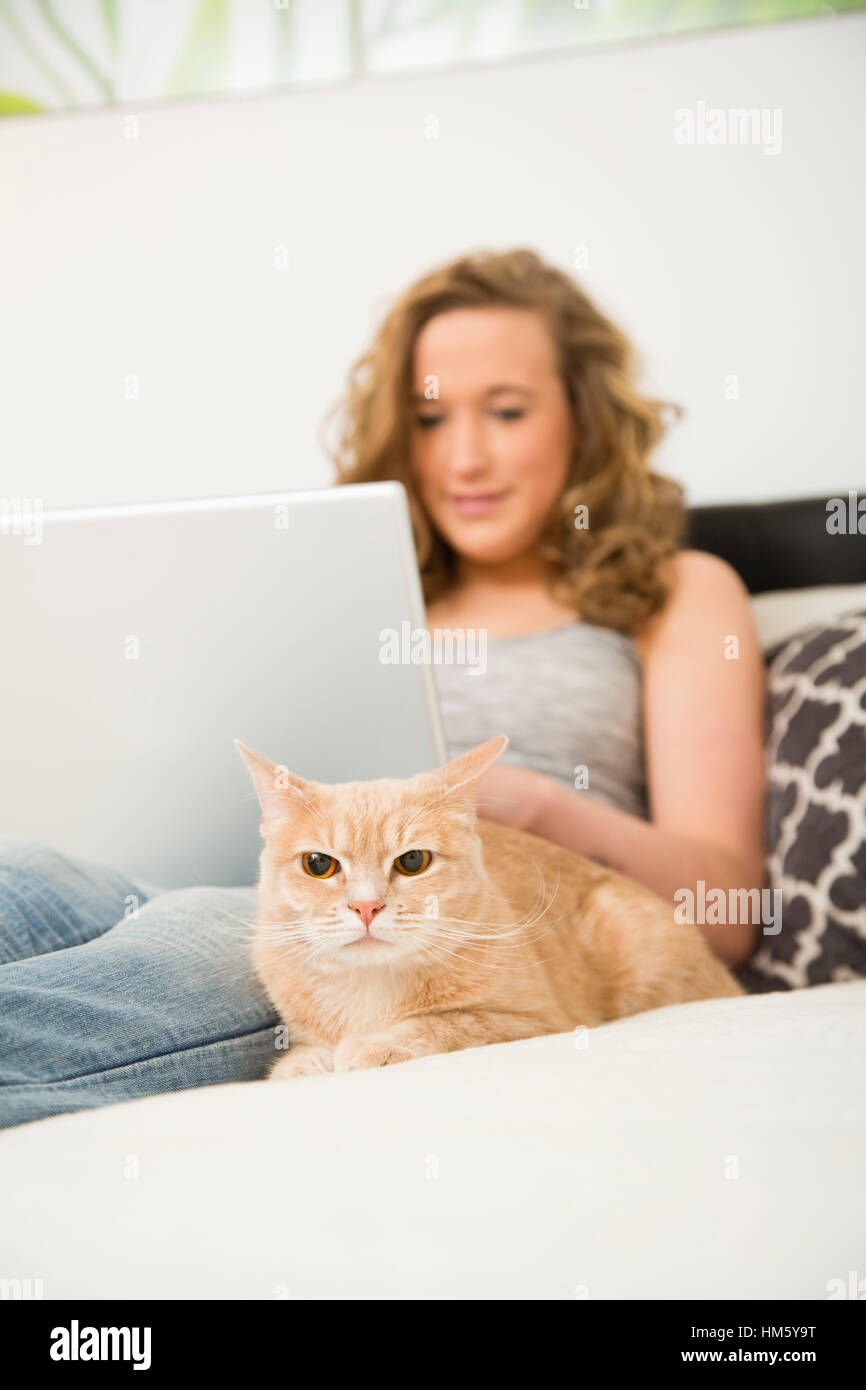 Teenager-Mädchen (16-17) auf Bett liegend mit Laptop und Ingwer Tabby Katze Stockfoto