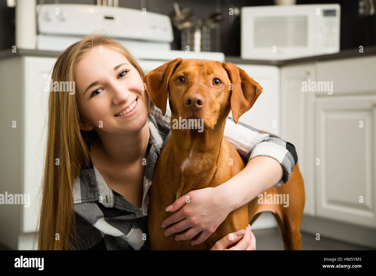 Teenager-Mädchen (16-17) kuscheln brauner Vizsla Hund in Küche Stockfoto