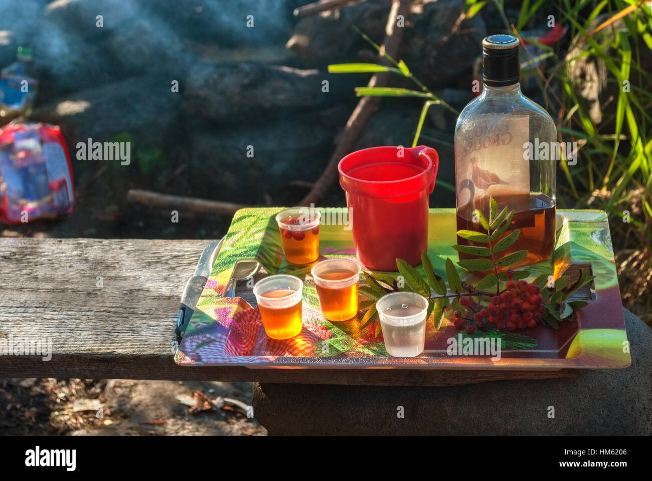 Eine Flasche Cognac, Likörgläser, Becher und ein Zweig der Eberesche Becher auf Tablett, stehend auf einem Holzbrett. Stockfoto