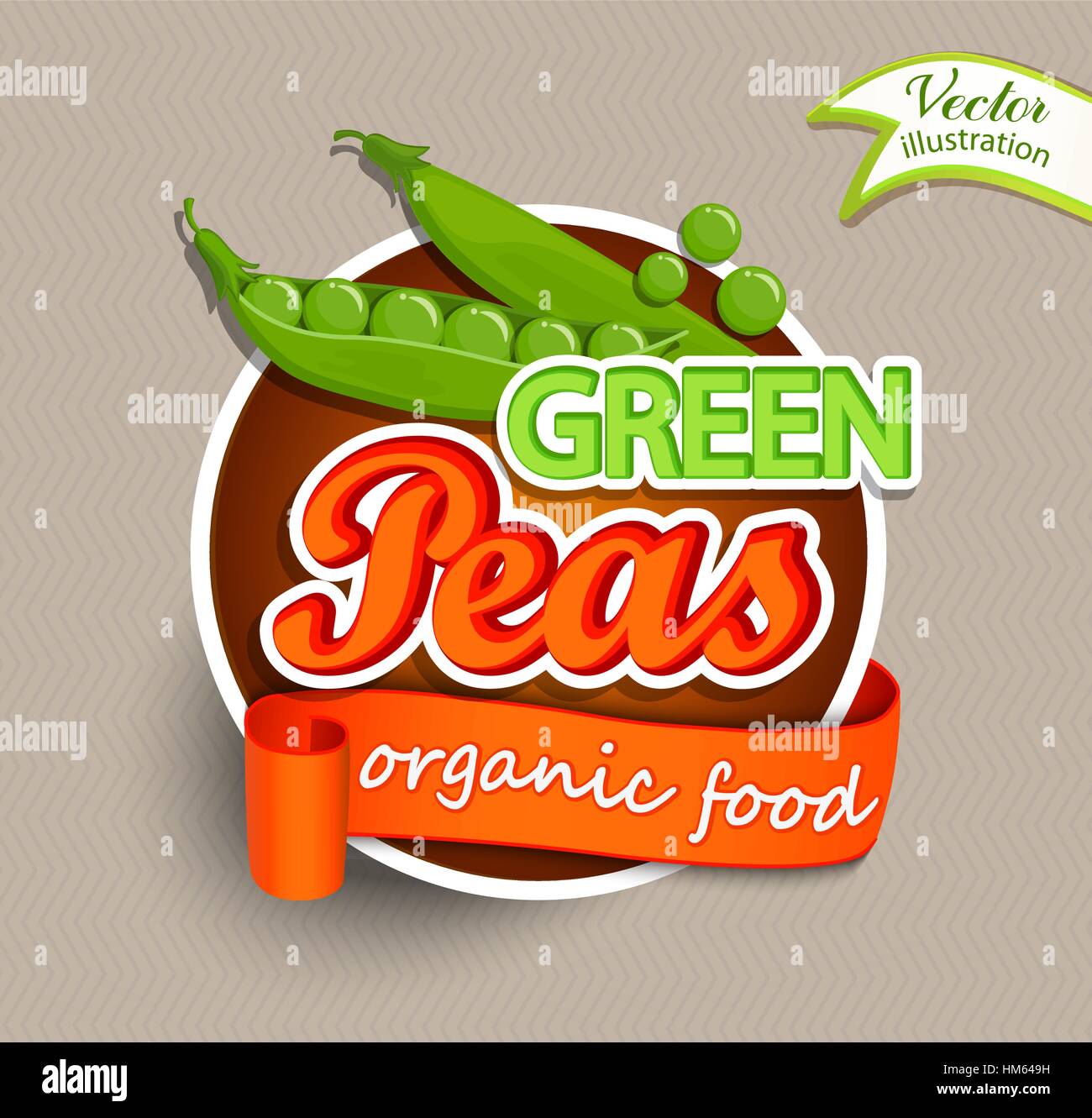 Grüne Erbsen Logo Schriftzug Typografie-Lebensmittel-Etikett oder Sticer. Bauernmarkt, Bio-Lebensmittel, natürliches Produktdesign Konzept. Vektor-Illustration. Stock Vektor