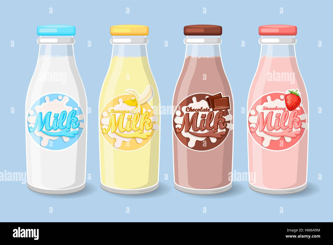 Flaschen mit Erdbeere, Banane und Schokolade Milch Etikettenvorlage. Vektor-Illustration. Stock Vektor