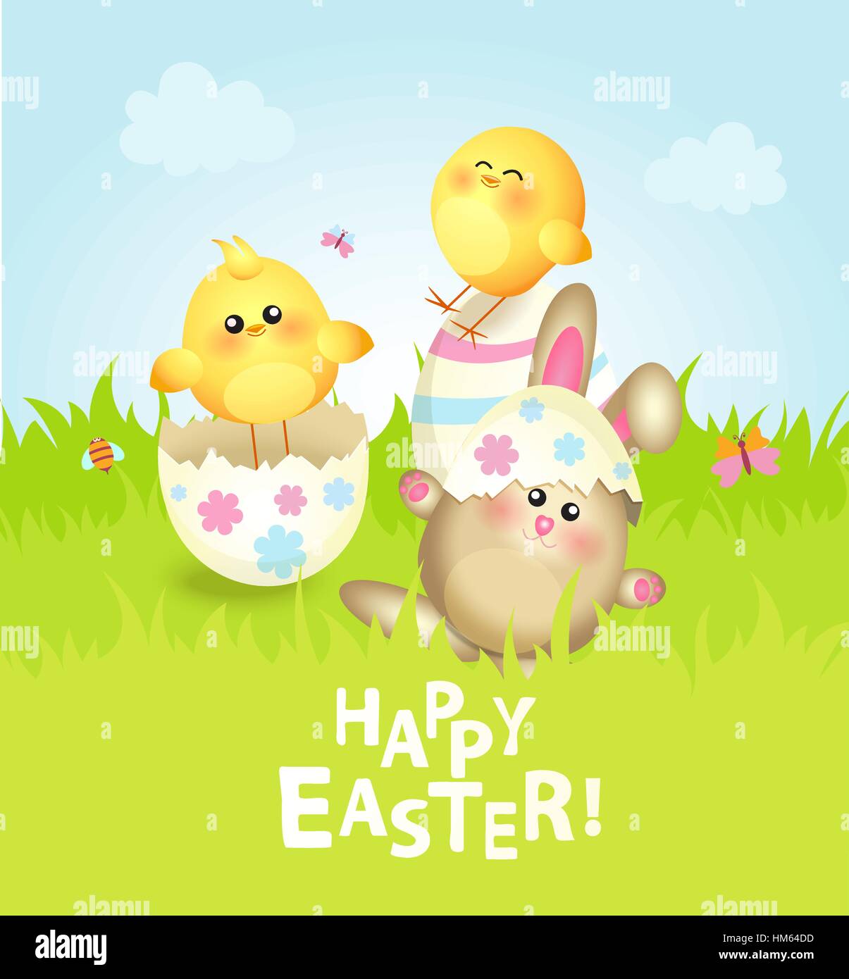 Frohe Ostern. Osterhasen und Hühner und Eiern im Feld. Stock Vektor
