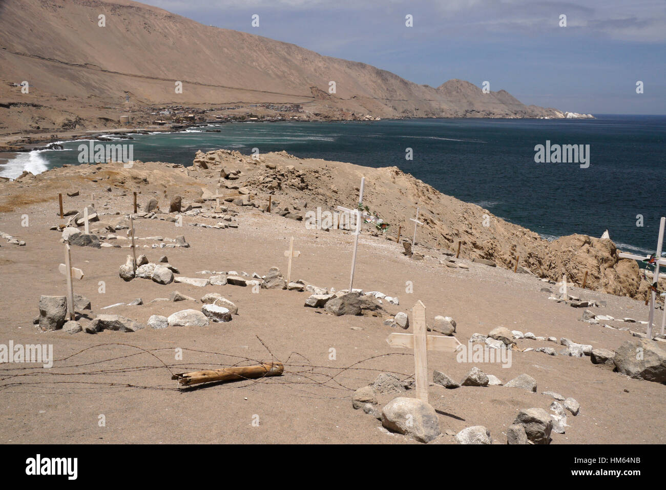 Friedhof außerhalb der isolierten Küsten Stadt von Pisagua, Atacama-Wüste, Norte Grande, Chile Stockfoto