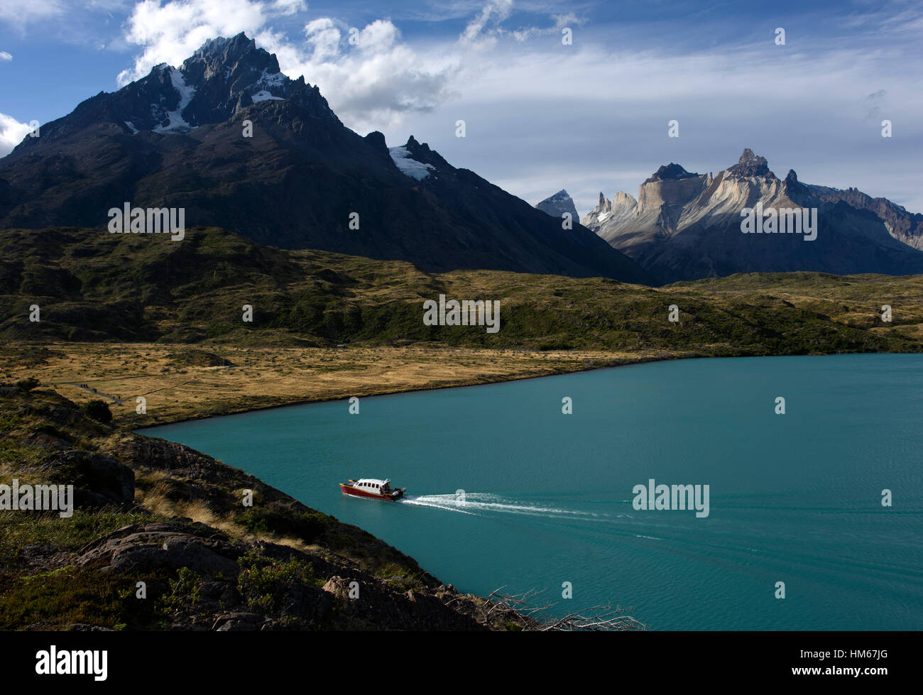 Ein Boot in Pehoe See in der Nähe von Paine Grande im Torres del Paine Nationalpark-Chile. Stockfoto