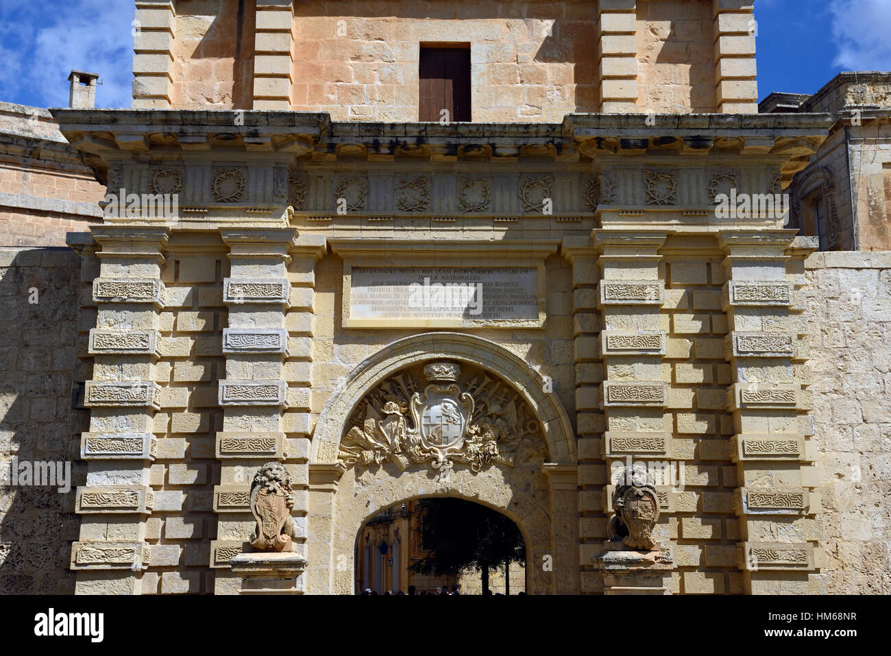 Mdina Malta Hauptstadt Silent Altstadt verzierten Tür Tür Stein geschnitzt walled Zitadelle Weltkulturerbe RM Welt Città Vecchia Città Stockfoto