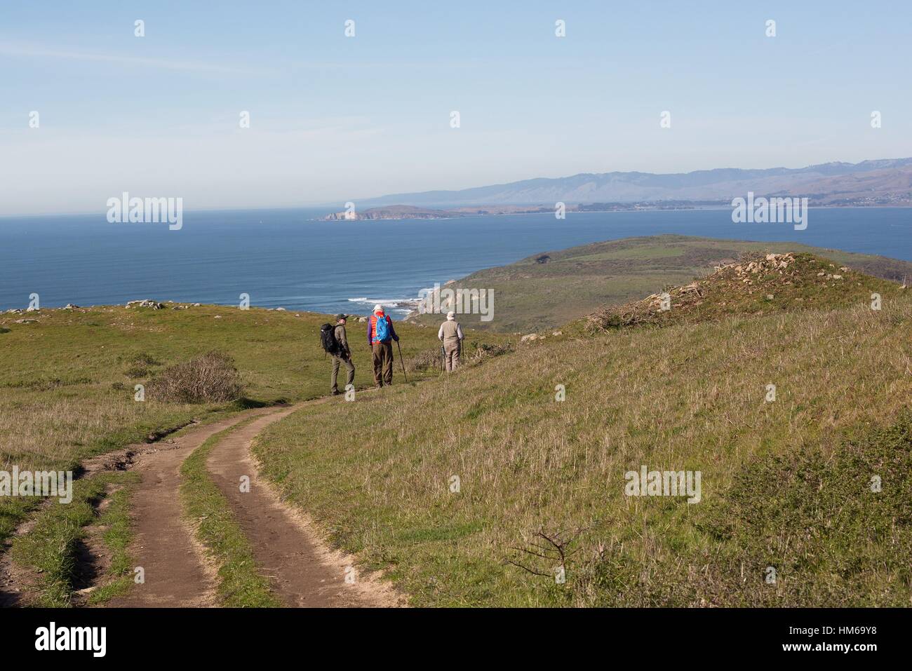 Drei Männer wandern auf einem Pfad am Point Reyes National Seashore in Kalifornien, USA. Stockfoto