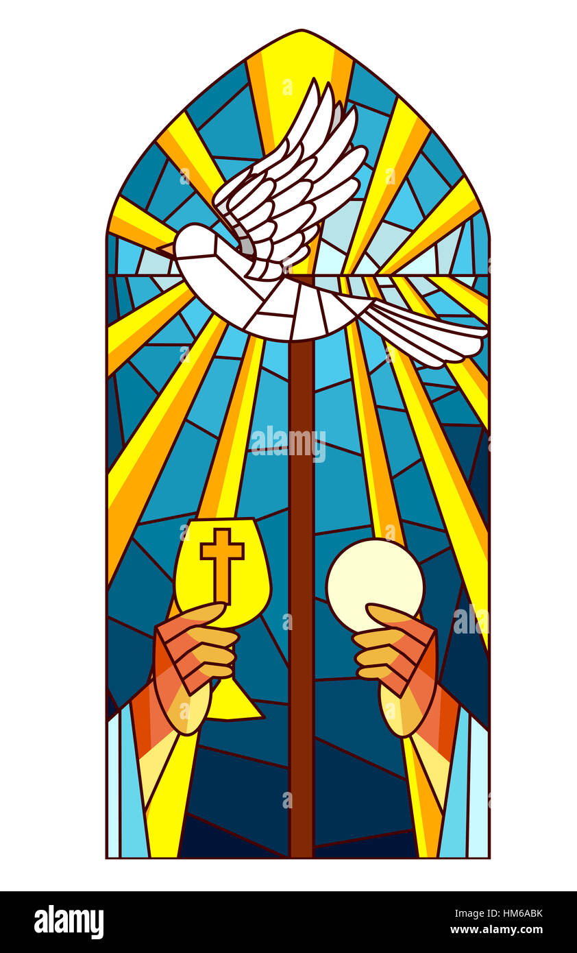 Glasmalerei-Illustration eines Priesters Anhebung der Host und der Kelch mit Stockfoto