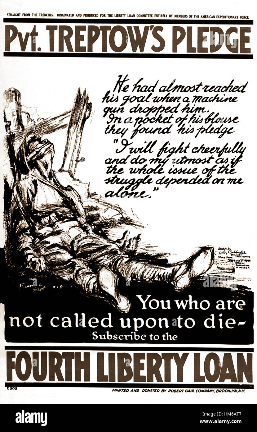 Pvt. Treptow versprechen.  "Ich fröhlich zu kämpfen und mein Möglichstes tun, als ob die ganze Angelegenheit des Kampfes auf mich allein angewiesen".  Abonnieren Sie wer nicht dazu aufgerufen sind, sterben - das vierte Liberty Darlehen.  1918. Poster von Pvt. C. LeRoy Baldridge.  (Food Administration) Genaues Datum erschossen unbekannte NARA Datei #: # 004-P-193 Krieg & Konflikt zu buchen: 532 Stockfoto