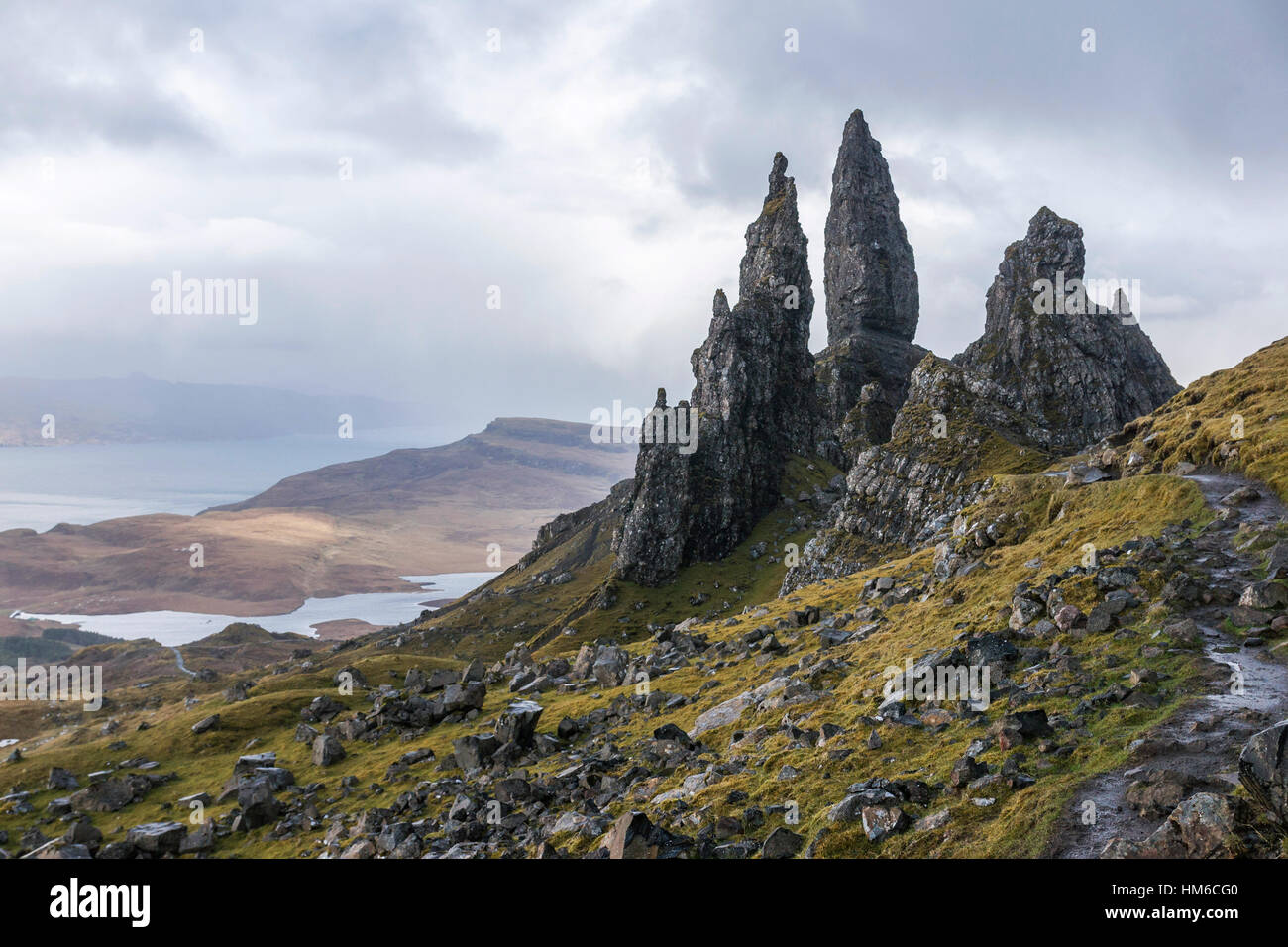 Rock-Nadel Old Man of Storr, Trotternish Halbinsel Isle Of Skye, Schottland, Vereinigtes Königreich Stockfoto