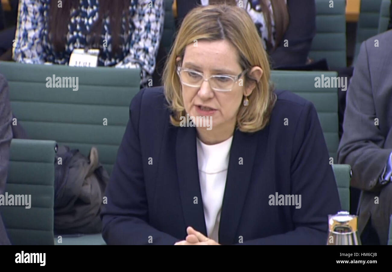 Home Secretary Amber Rudd beantwortet Fragen vor der Commons Innenausschuss in London, wo sie sagte, dass US-Präsident Donald Trump "spalterisch" Reiseverbot ein "Propaganda" für die Terrorgruppe islamischer Staat ermöglichen könnte. Stockfoto