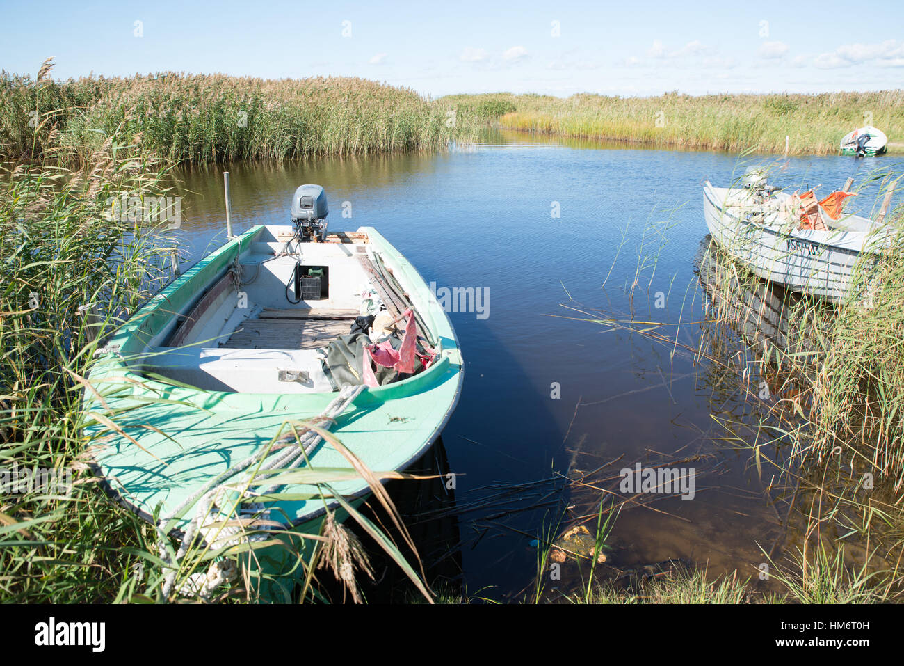 Kleine Boote vor Anker, Schilf, Insel Kihnu, Estland Stockfoto