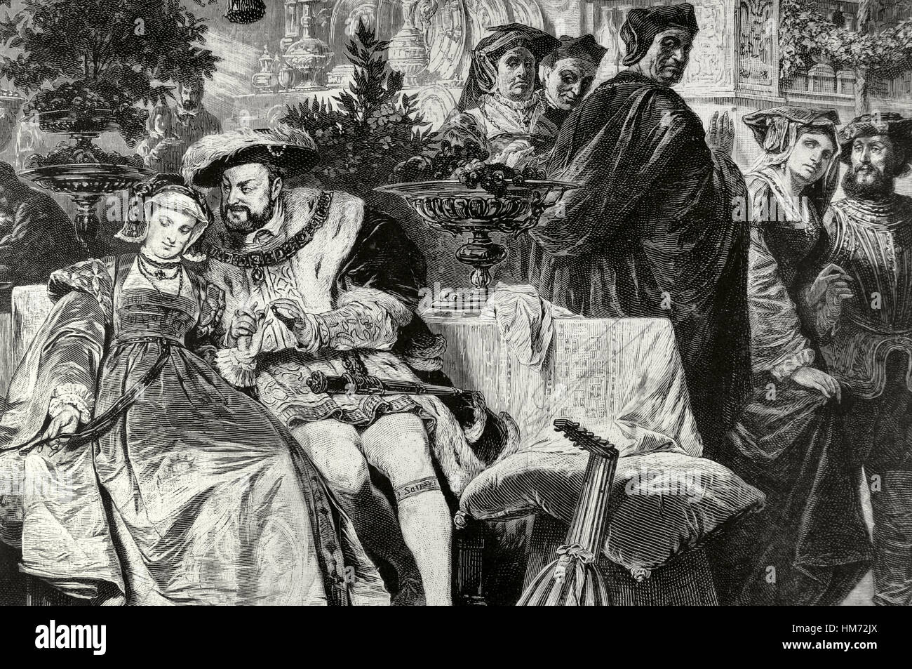 Heinrich VIII. (1491-1547). König von England. Heinrich VIII. mit Anne Boleyn (1501-1536) am Palast von Kardinal Wolsey. Kupferstich nach dem Gemälde von Karl von Piloty, 19. Jahrhundert. Stockfoto