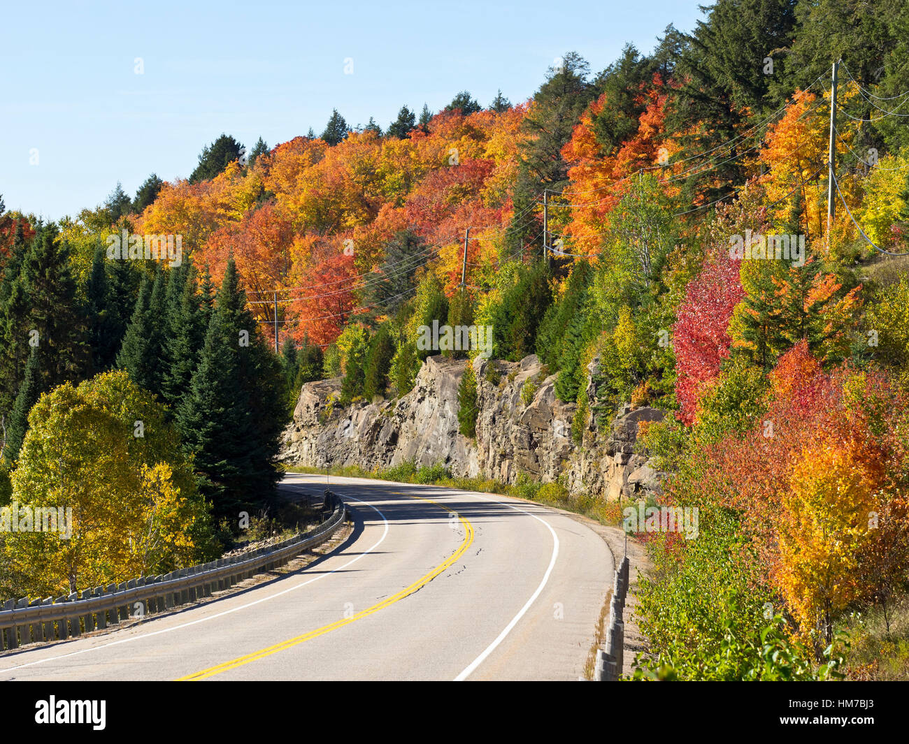 Algonquin Provincial Park, Kanada, Ontario, Herbst, helle Farbe, Wald, frische Luft, Altweibersommer, Holz, natürliche, Natur, Nordhalbkugel, im Freien, sonnigen Tag, Reisen, Bäume, Wildnis, bunte, leer, Straße, Straße, keine Menschen Stockfoto