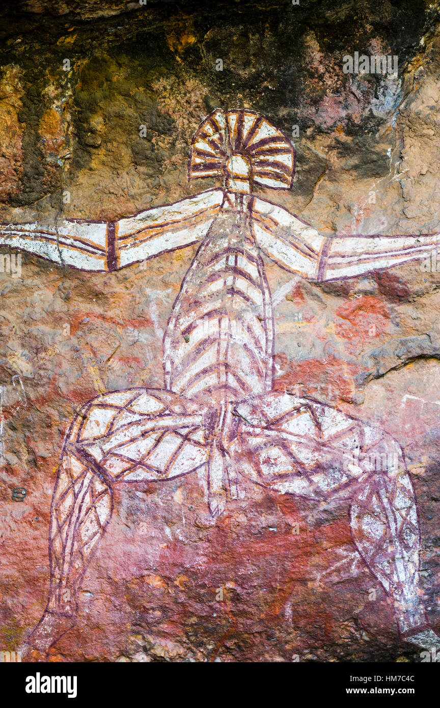 Eine Aborigines Malerei Kunstgalerie mit Nabulwinjbulwinj, die ein gefährlicher Geist ist. Stockfoto