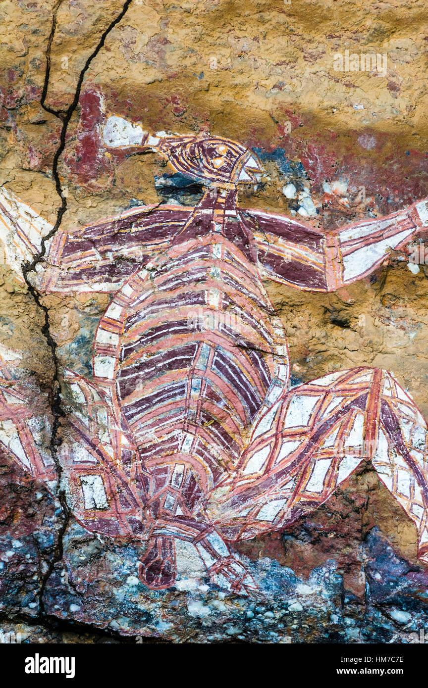 Eine Aborigines Malerei Kunstgalerie mit Namarrgon der Blitz Menschen. Stockfoto