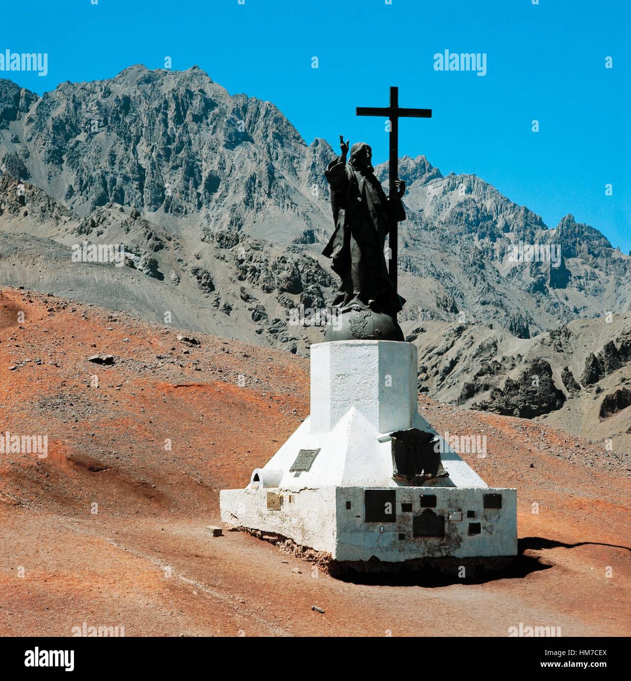Denkmal für Christus, den Erlöser der Anden, auf der Markierung der Grenze zwischen Chile und Argentinien, Cumbre Pass oder Stockfoto