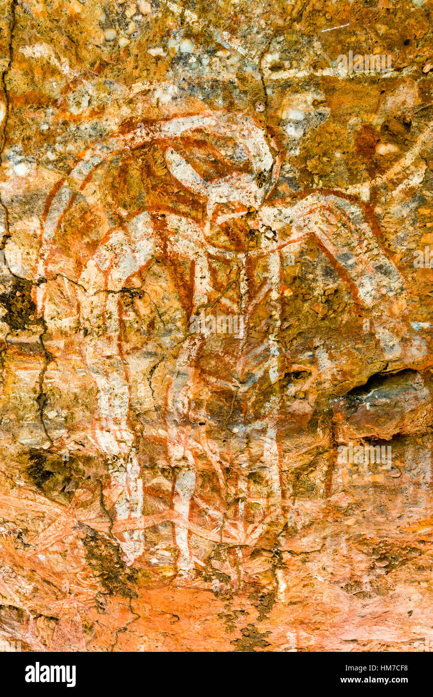 Eine Aborigines Malerei Kunstgalerie mit einer Namarrnde Figur. Stockfoto