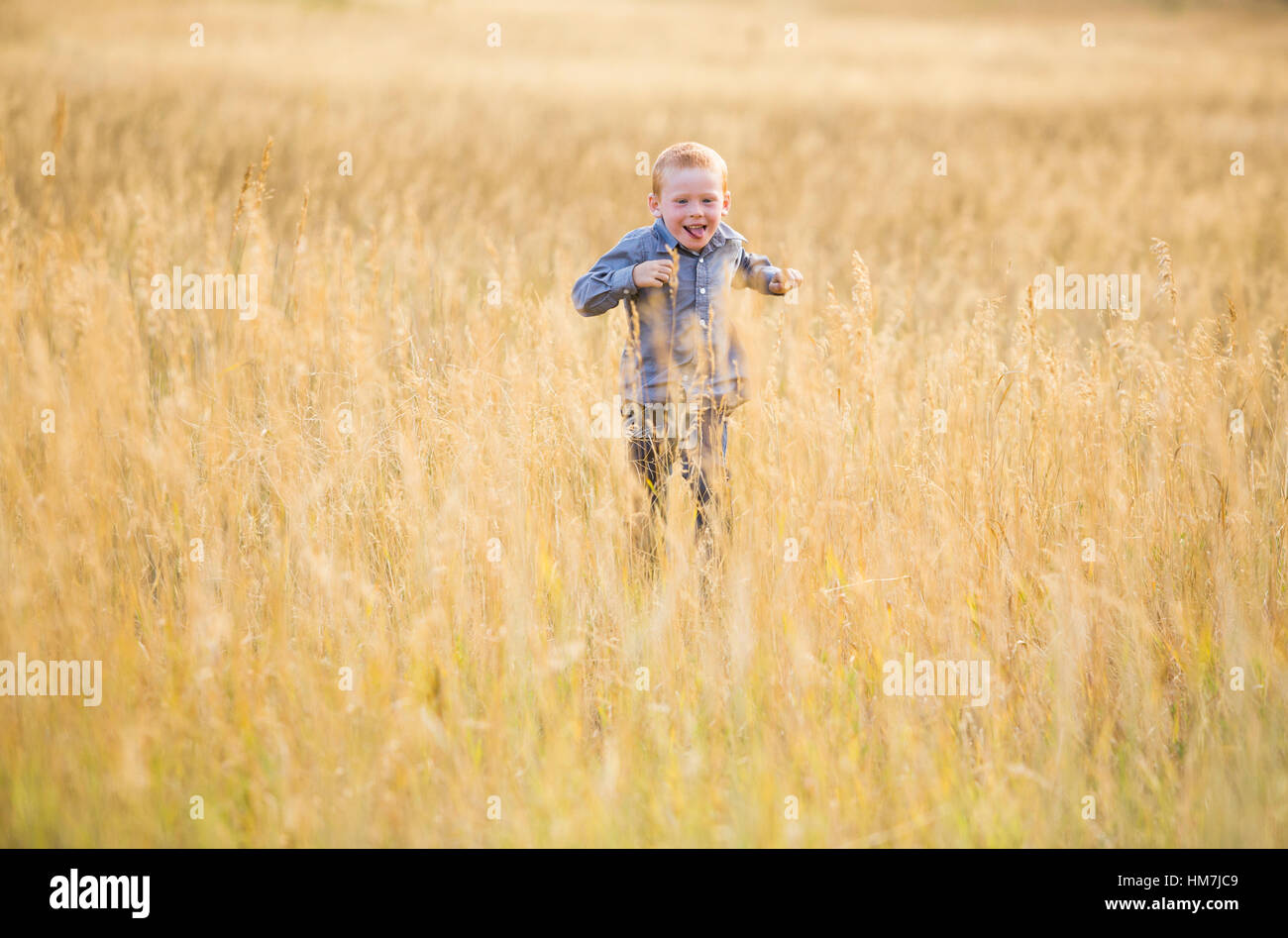 Junge (4-5) läuft in Trockenrasen Stockfoto