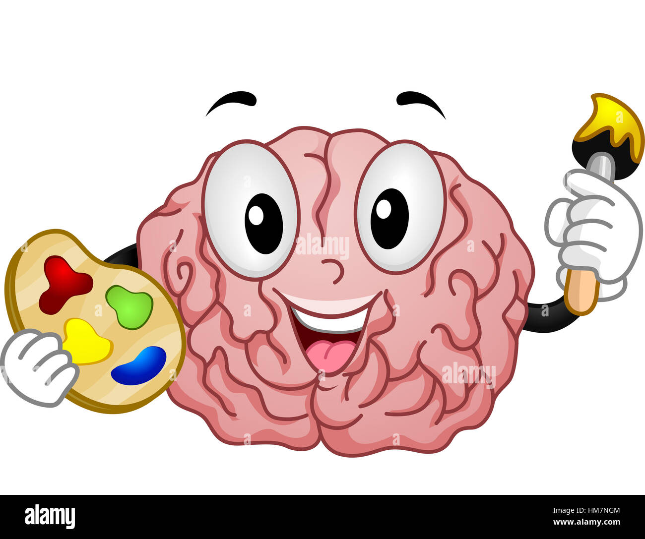 Maskottchen Abbildung des Gehirns hält eine Farbpalette und einem Pinsel Stockfoto