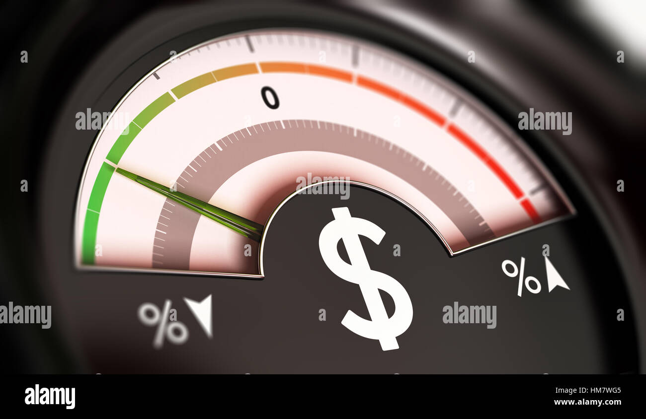 3D Illustration ein Zifferblatt mit Dollar-Symbol mit Nadel zeigt die grüne Zone. Preise-Konzept, horizontales Bild Tropfen. Stockfoto