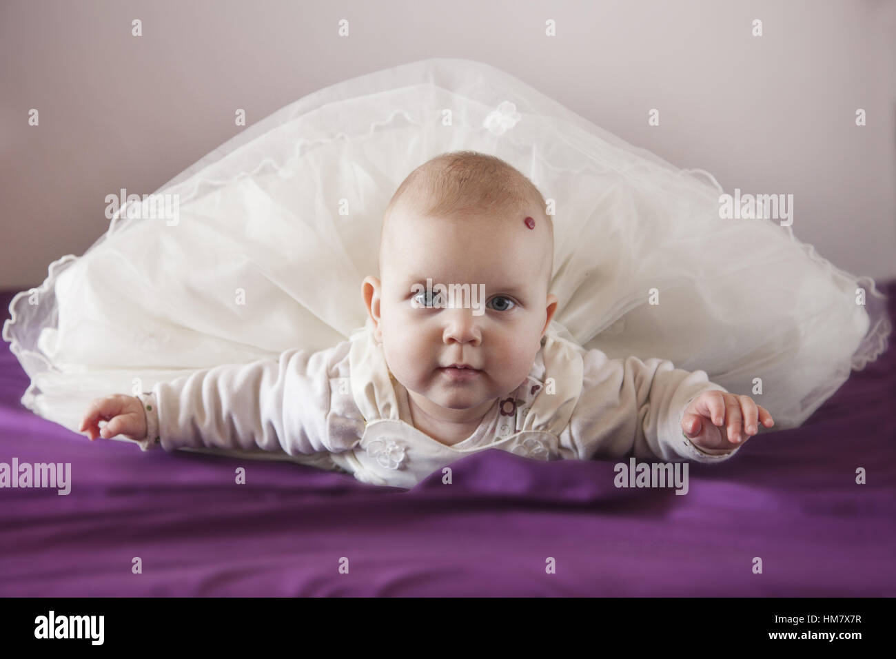 Porträt von Baby Boy (18-23 Monate) auf Bett liegend Stockfoto