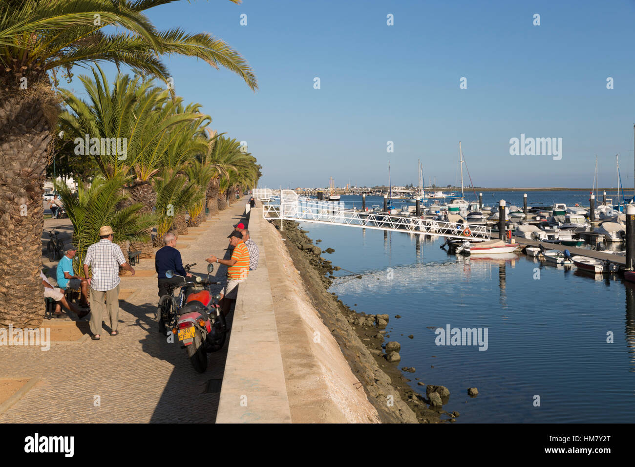 Einheimische Männer im Chat auf Palme gesäumten Promenade, Olhao, Algarve, Portugal, Europa Stockfoto