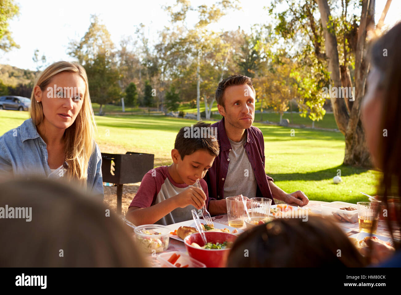 Zwei Familien mit einem Picknick in einem Park, über die Schulter sehen Stockfoto
