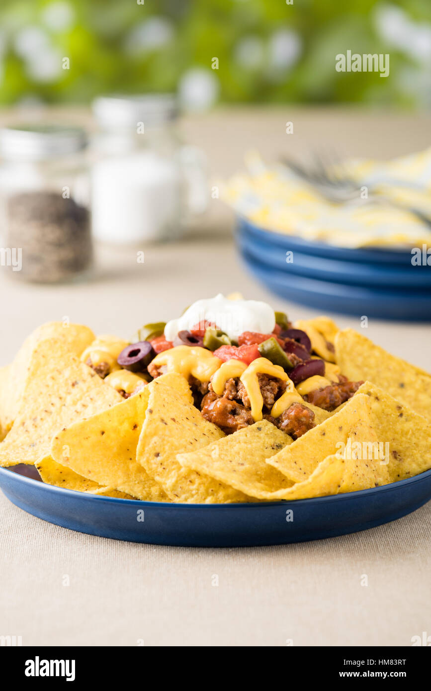Nachos mit Rindfleisch, Jalapeno Paprika, Oliven, Tomaten, Bohnen, Käse ...
