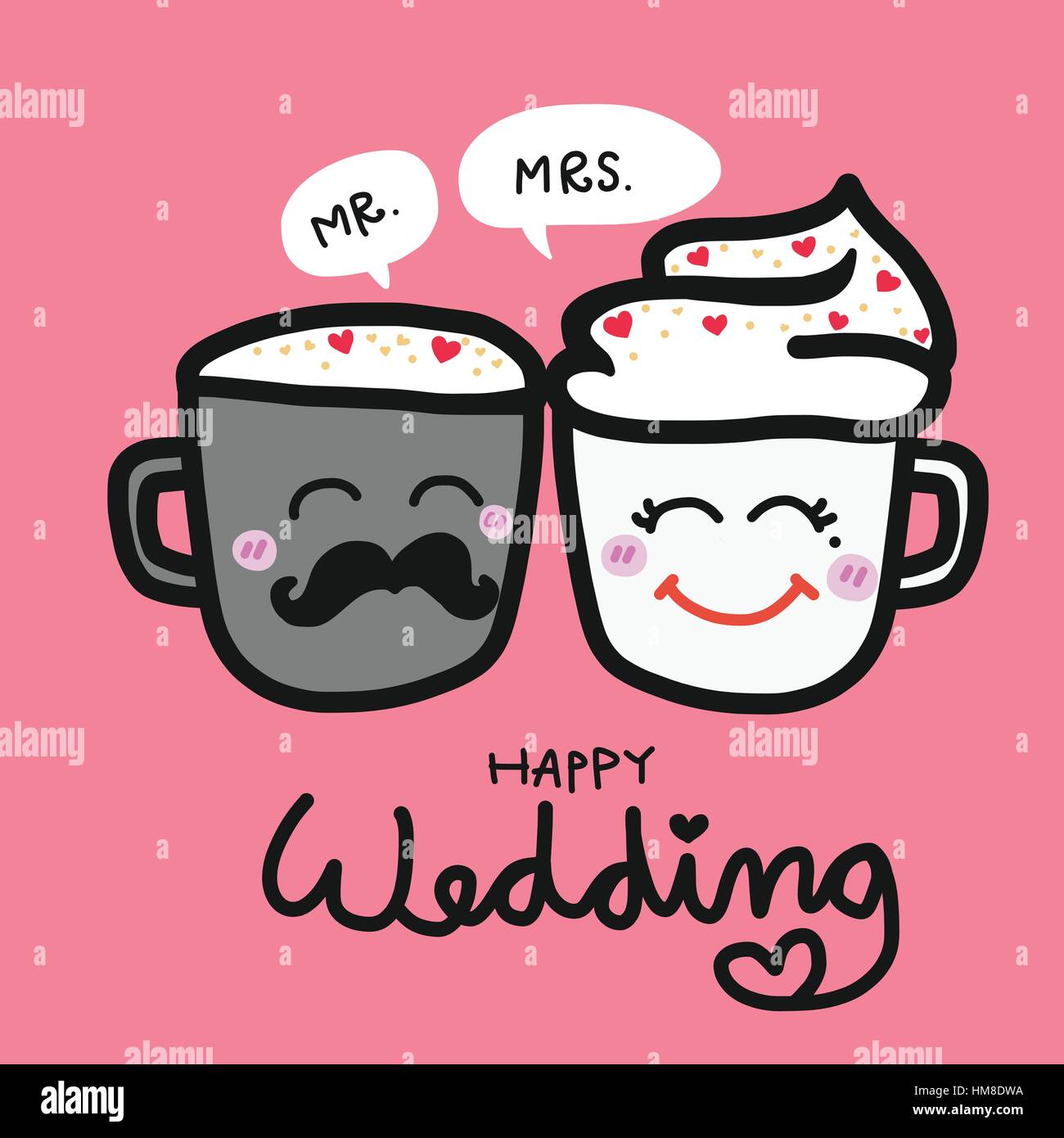 Happy Hochzeit süßes Paar Kaffee Tasse Cartoon Illustration auf rosa  Hintergrund Stock-Vektorgrafik - Alamy