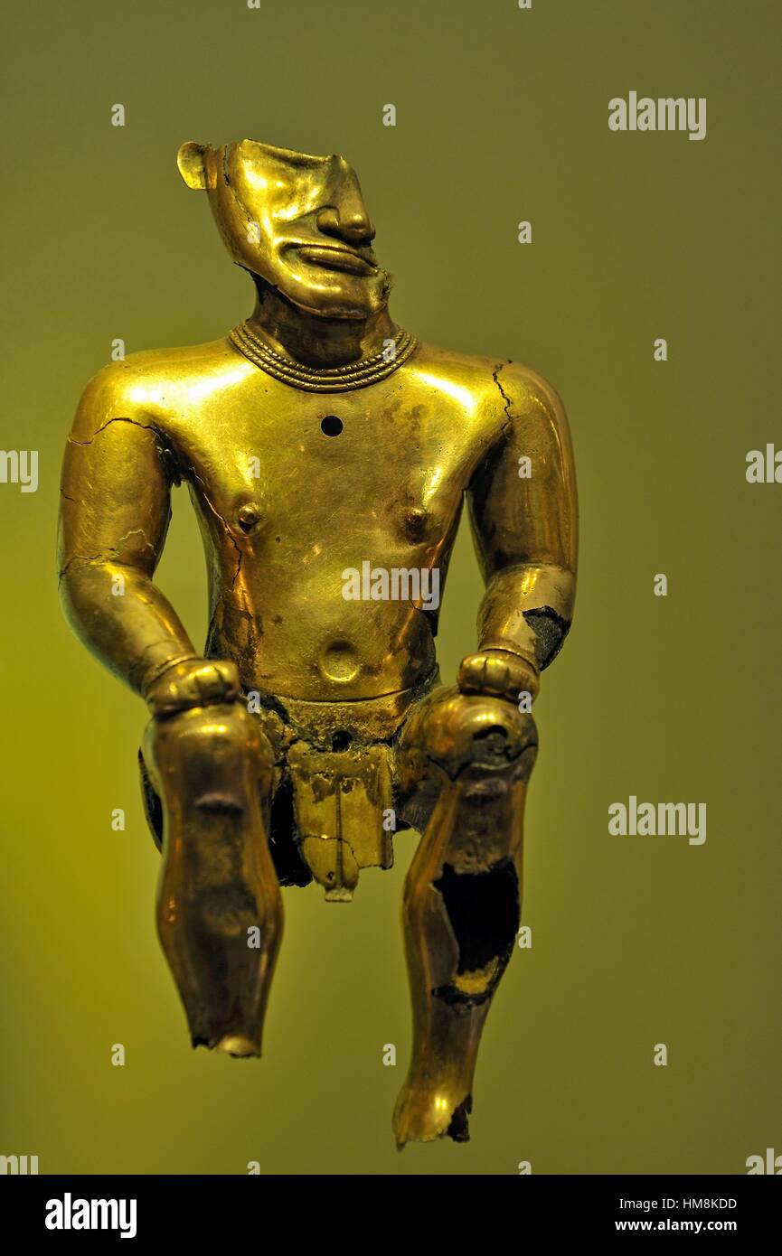 Geschmolzenes gold Wachsausschmelzverfahren Statue aus Pre-Columbian Quimbaya-Zivilisation, Goldmuseum, Bogota, Kolumbien, Südamerika. Stockfoto