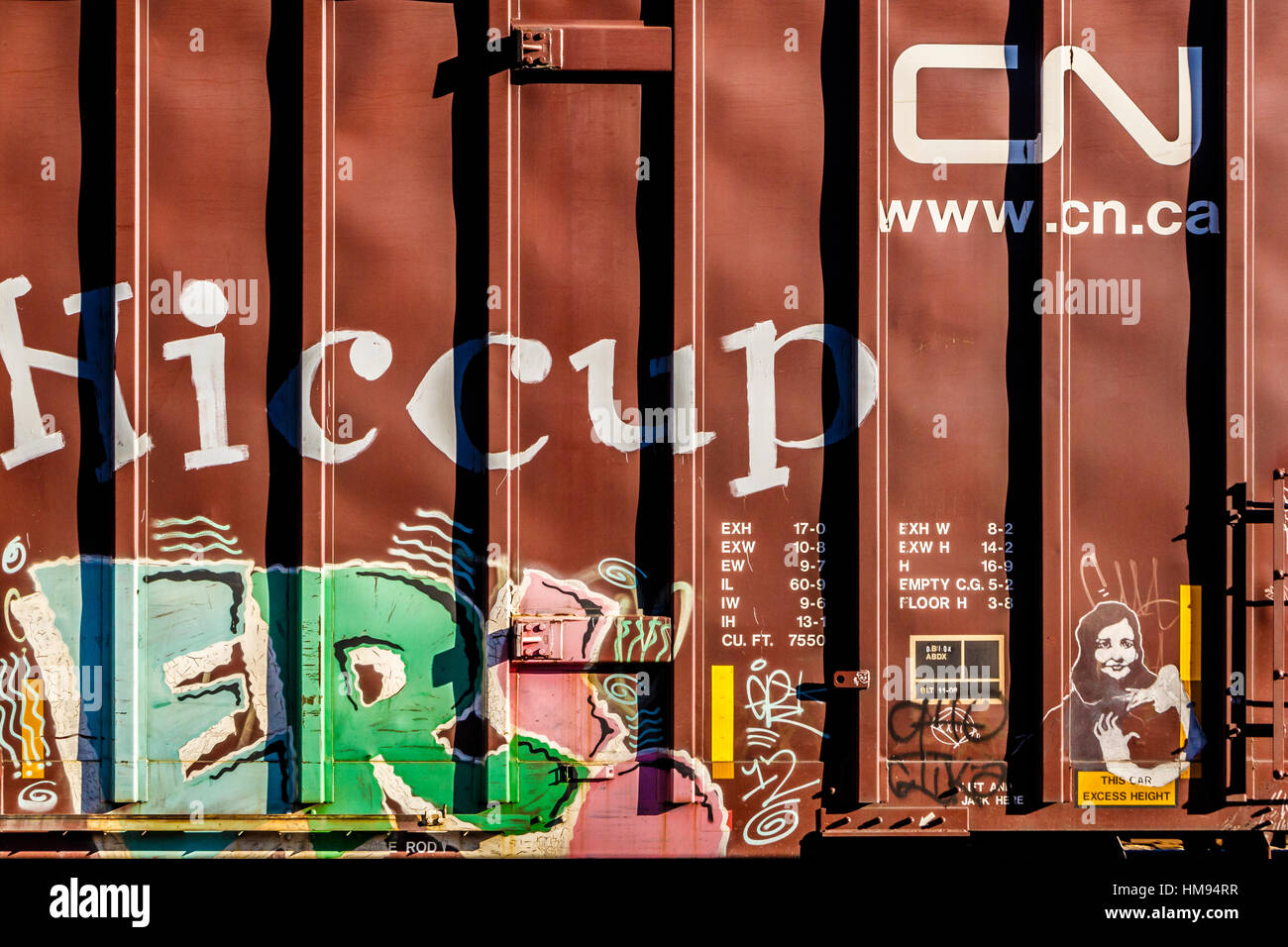 Die Seite von einem Güterwagen von Canadian National Railway Company betrieben. Logo und Graffiti zu zeigen. Stockfoto