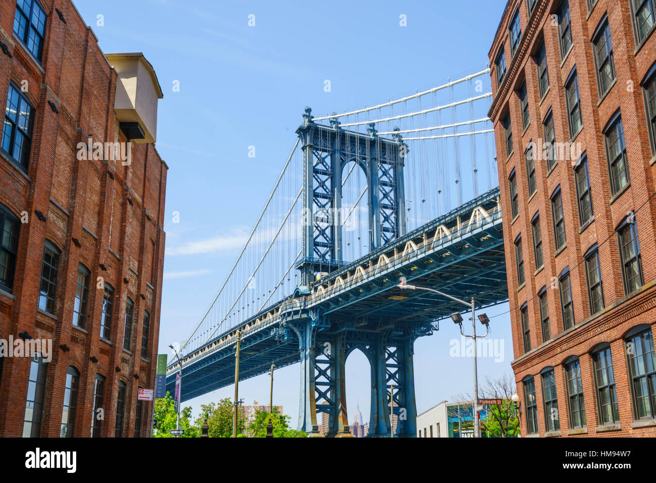 Manhattan Bridge, gesehen von DUMBO, Brooklyn, New York City, Vereinigte Staaten von Amerika, Nordamerika Stockfoto