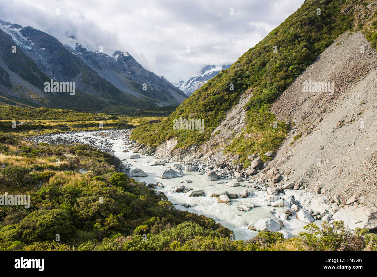 Anzeigen von Hooker Valley, Aoraki (Mount Cook) Nationalpark, Mackenzie District, Canterbury, Südinsel, Neuseeland, Pazifik Stockfoto