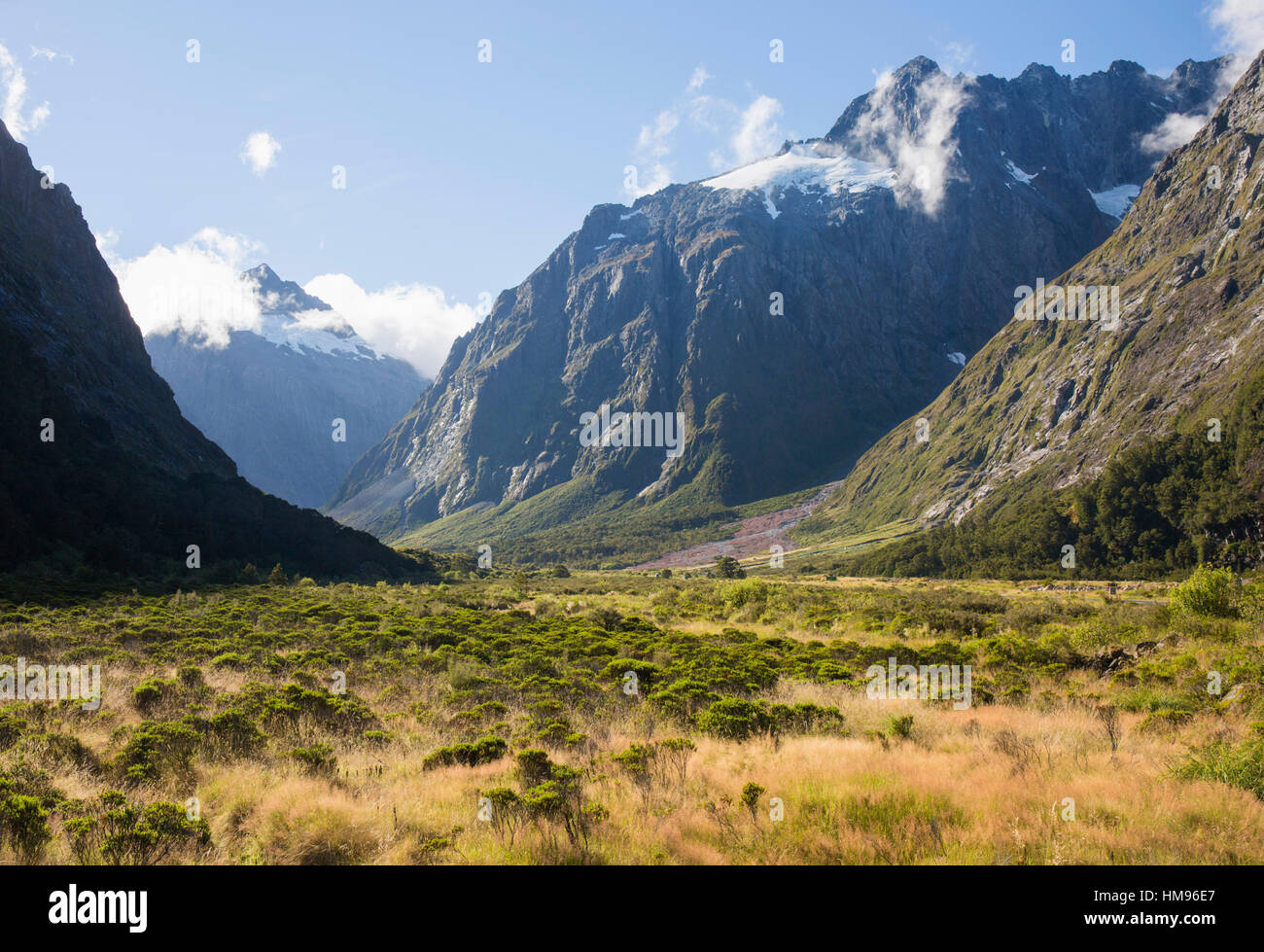Blick entlang der Hollyford Valley West Peak und Mount Talbot, Fjordland National Park, Southland, Südinsel, Neuseeland Stockfoto