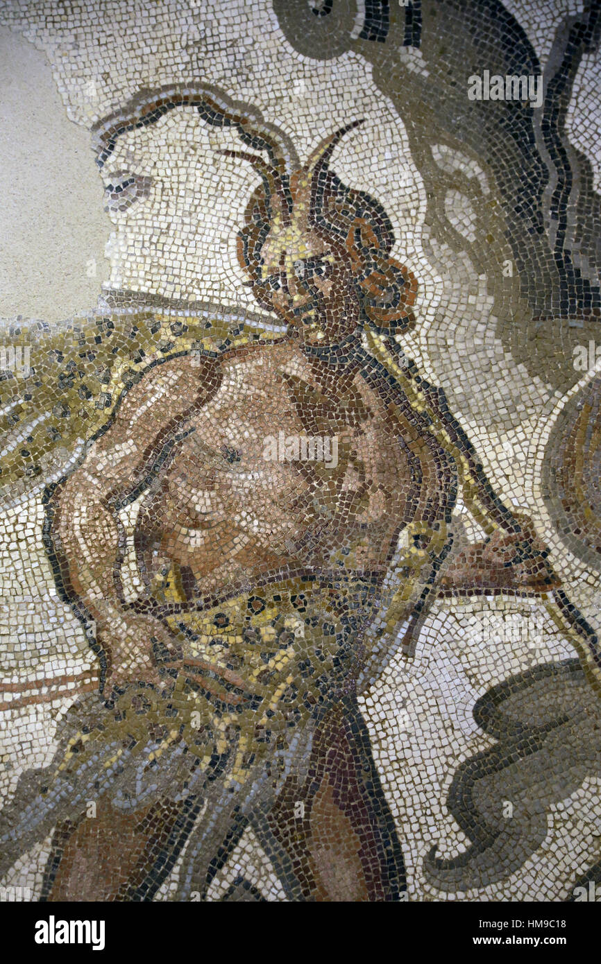 Bacchus triumphalen Einzug. Römisches Mosaik. 2. Jahrhundert. Satyr. Caesaraugusta (Zaragoza, Spanien). Detail-satyr Stockfoto