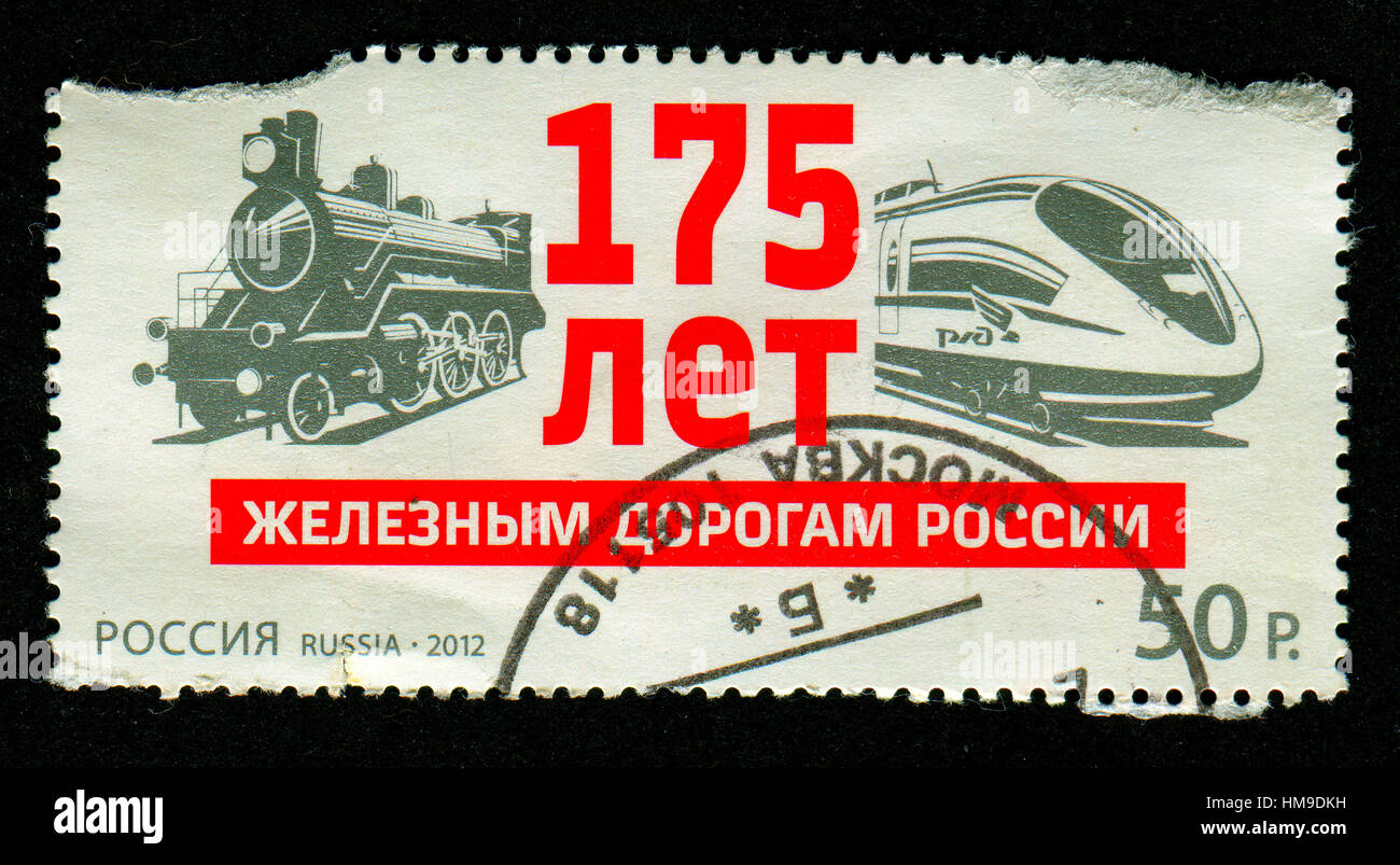 Briefmarke gedruckt in Russland zeigt Bild der 175 Jahre der Russischen Eisenbahnen, ca. 2012. Stockfoto