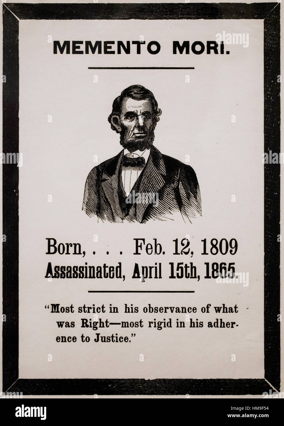 Memento Mori von Abraham Lincoln, Holzschnittdruck, ca. 1865 - USA Stockfoto
