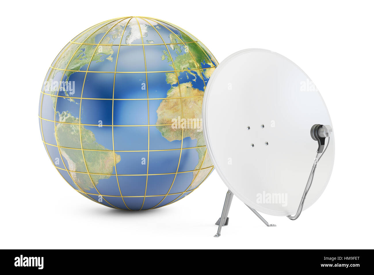 Satellitenschüssel mit Erde, globale Telekommunikation Konzept. 3D-Rendering isoliert auf weißem Hintergrund Stockfoto