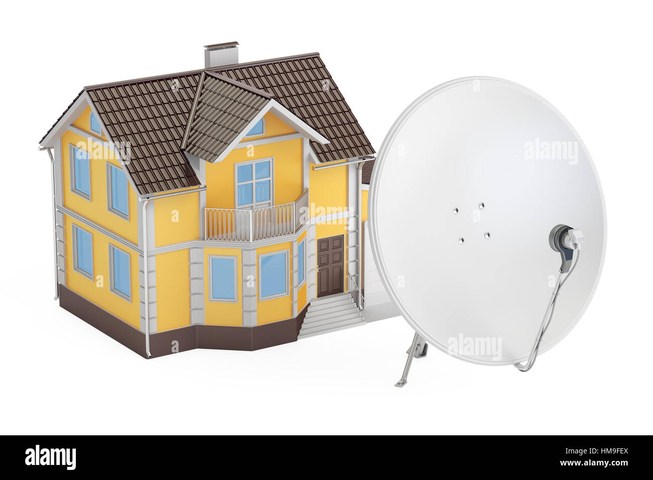 Satellitenschüssel mit Haus, 3D Rendering isoliert auf weißem Hintergrund Stockfoto