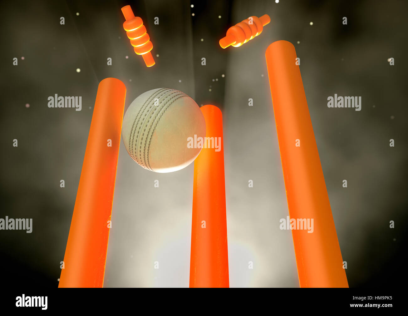 Ein weißes Leder Cricketball Kollision mit leuchtenden orange Cricket Wickets auf Nacht Himmelshintergrund - 3D render Stockfoto