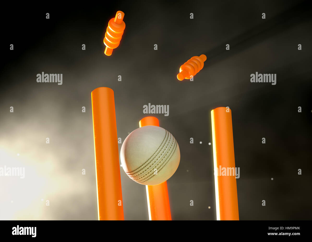 Ein weißes Leder Cricketball Kollision mit leuchtenden orange Cricket Wickets auf Nacht Himmelshintergrund - 3D render Stockfoto