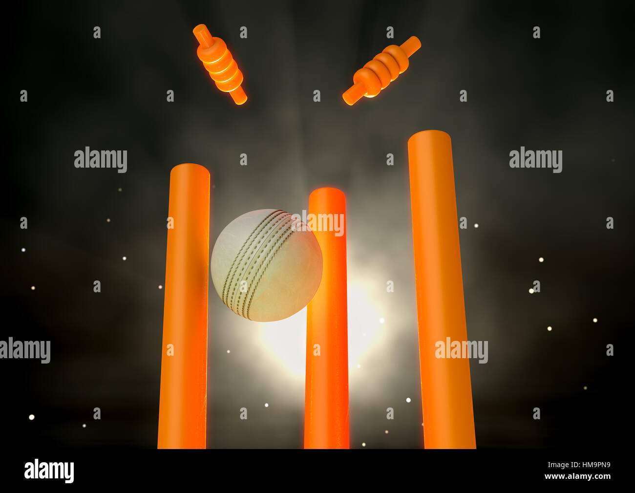 Ein weißes Leder Cricketball Kollision mit leuchtenden orange Cricket Wickets auf Nacht Himmelshintergrund - 3D render Stockfoto