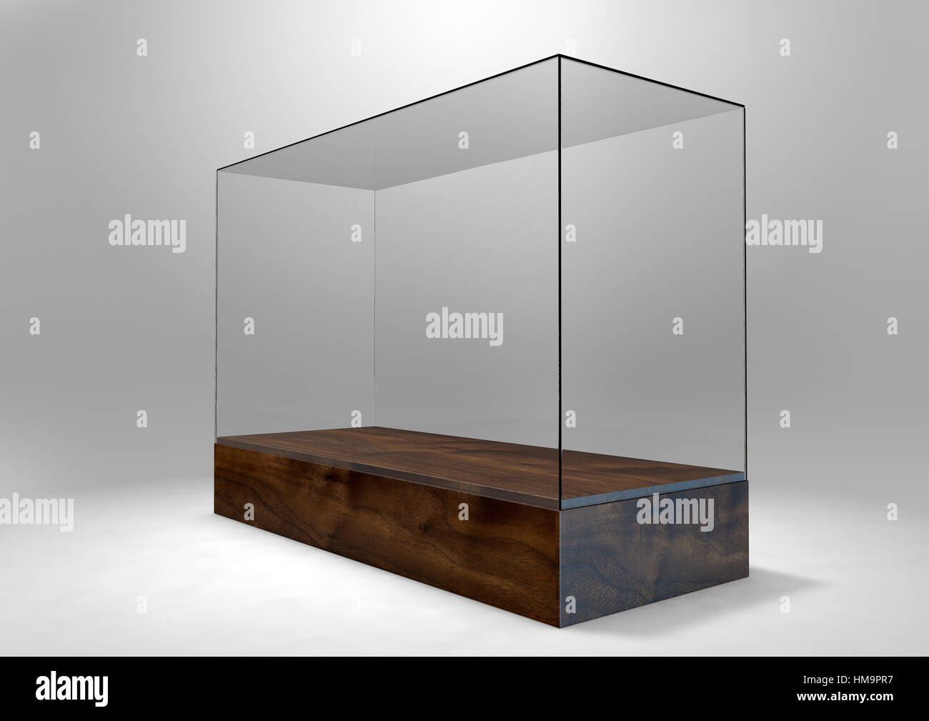 Eine leere rechteckige Glas-Vitrine mit einem Holzsockel auf eine isolierte Studio-Hintergrund - 3D rendering Stockfoto