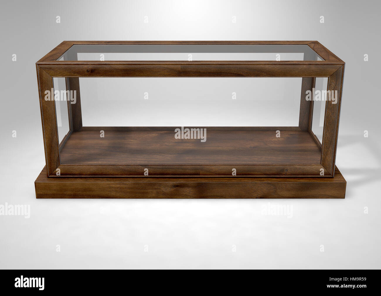 Eine leeres Glas-Vitrine mit Holzsockel und Rahmen auf eine isolierte Studio-Hintergrund - 3D rendering Stockfoto
