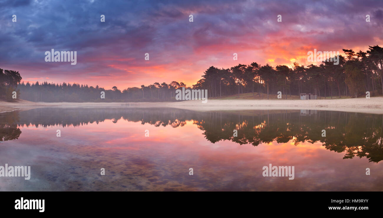 Reflexionen von Sonnenaufgang an einem ruhigen See. Fotografiert an der Henschotermeer in den Niederlanden. Stockfoto
