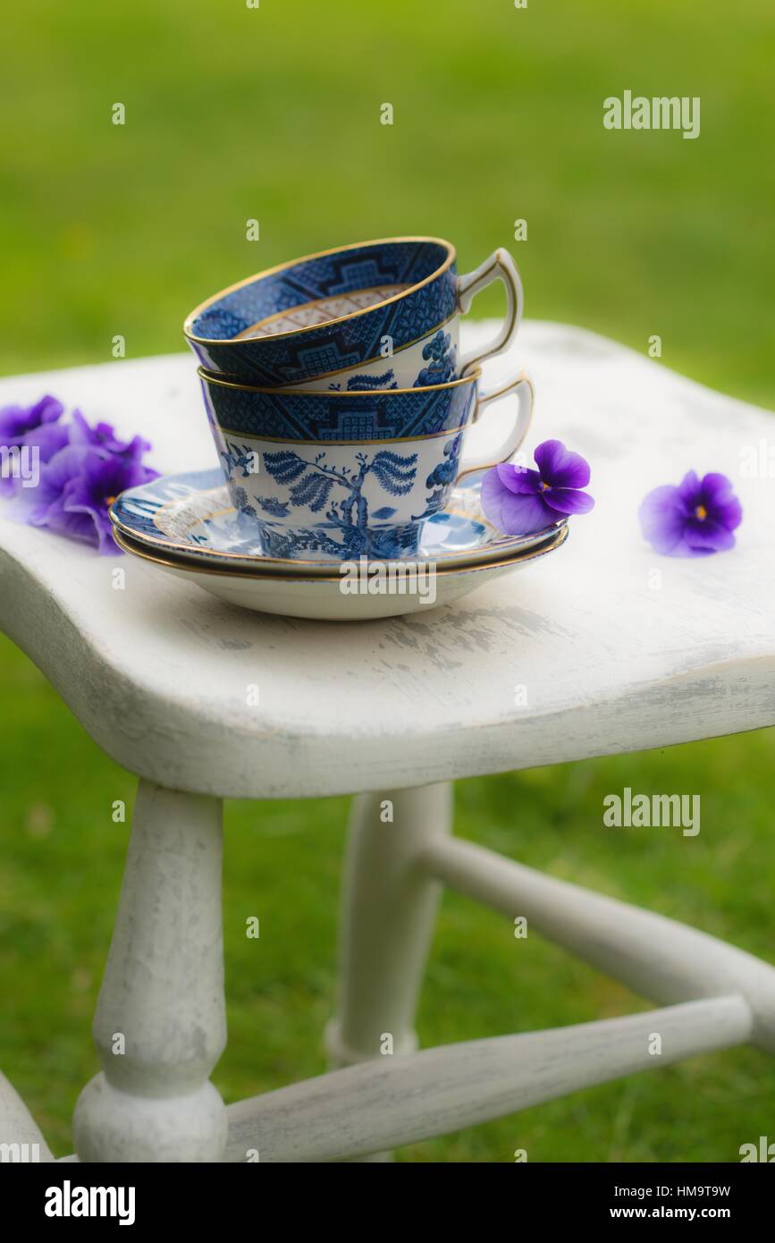 Ziemlich blau-weiße Vintage China Tassen und Untertassen im Garten Stockfoto